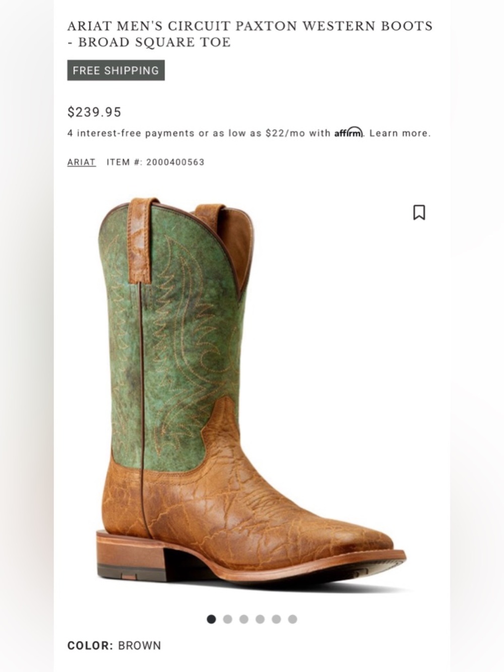 Ariat Two-Tone Green and Tan Western Cowboy Boot - Picture 3 of 7